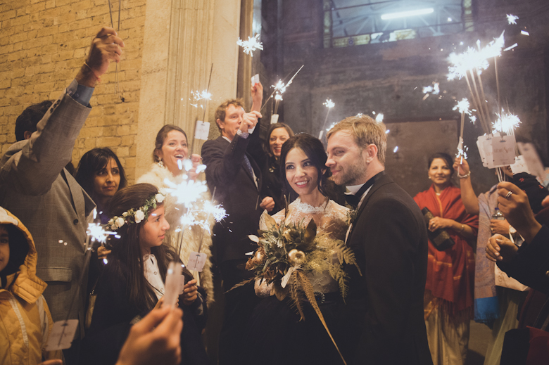bride and groom and sparklers