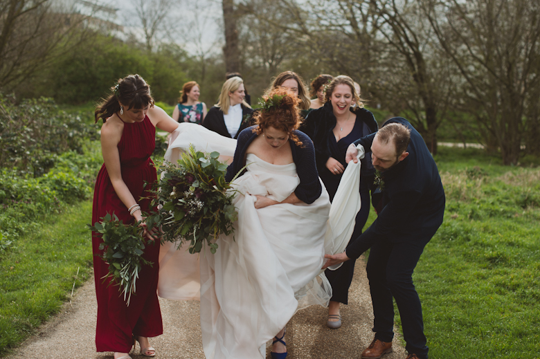 bride, groom, bridesmaids walking, Core Clapton wedding in East London