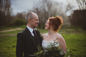 bride and groom smiling, Core Clapton wedding