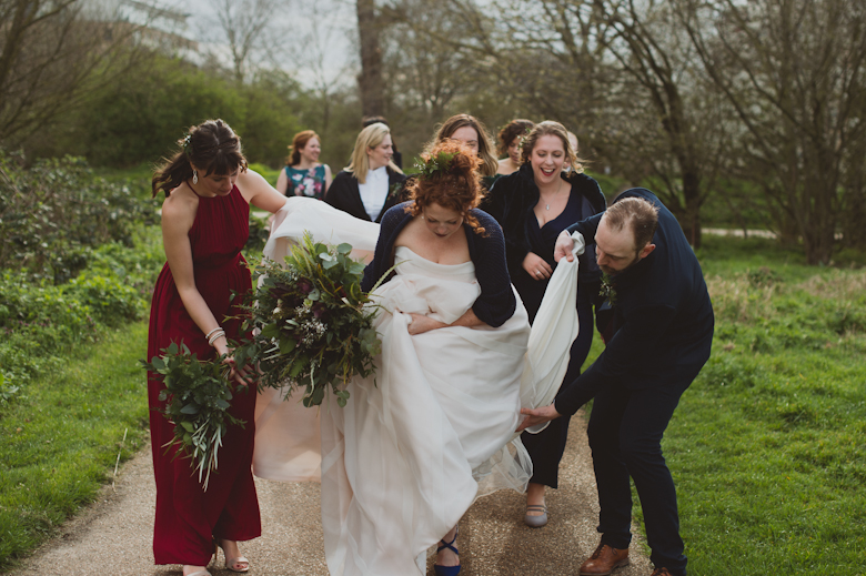 bride and groom and friends having fun