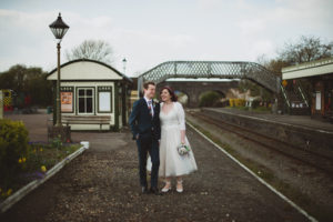 bride and groom laughing, Buckinghamshire Railway Centre Wedding