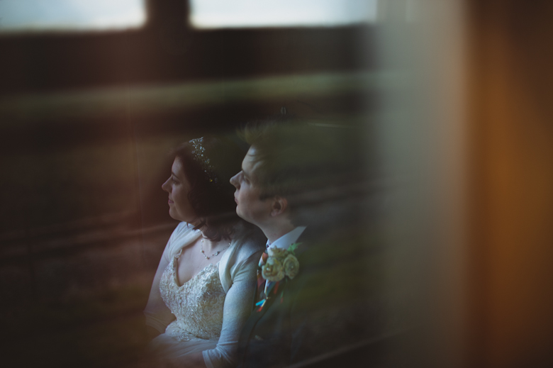 bride and groom on the train