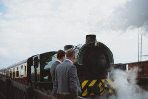Train arriving - Buckinghamshire Railway centre wedding