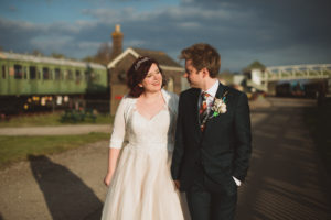 The newlyweds at the Buckinghamshire Railway centre wedding