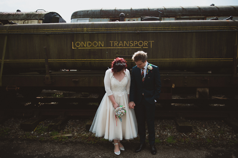 bride and groom with trains