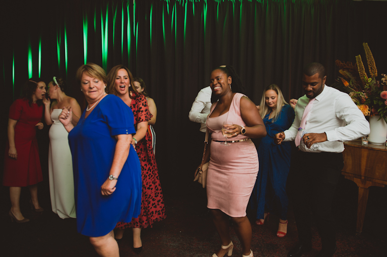 guests dancing to Candy at the wedding at the Bistrotheque in East London