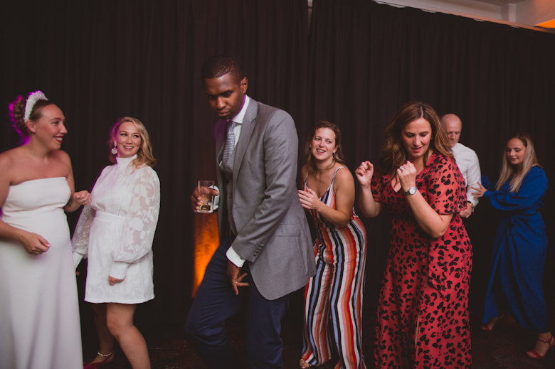 guests dancing to Candy at the wedding at the Bistrotheque in East London