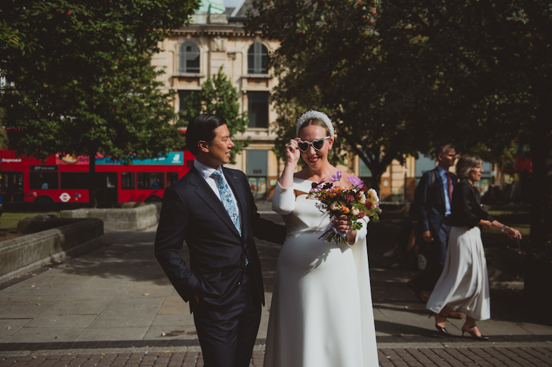 outside the Hackney Town Hall Wedding