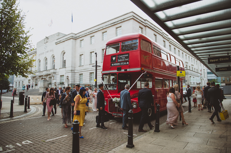 bus outside the hackney town hall wedding, london