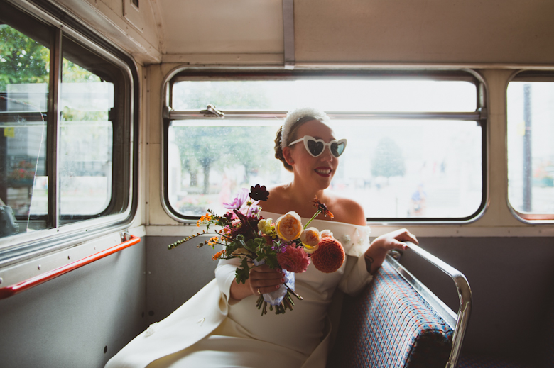 on the bus from hackney town hall wedding, london