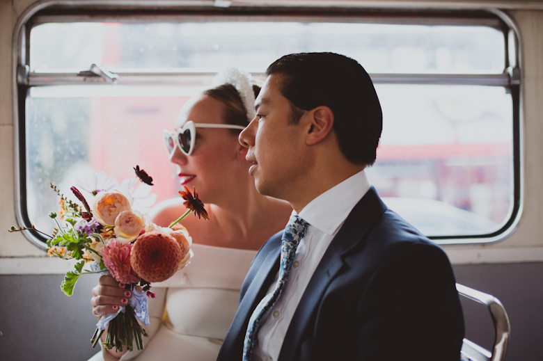 on the bus from hackney town hall wedding, london