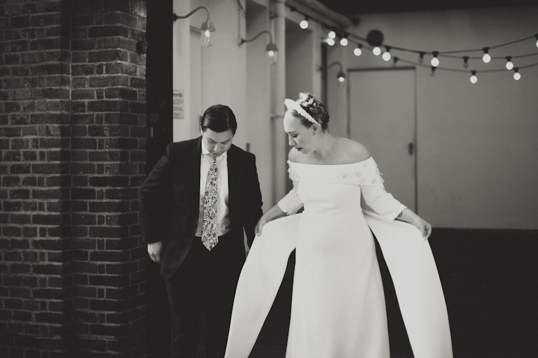 Bride and groom outside the Bistrotheque, East London Wedding