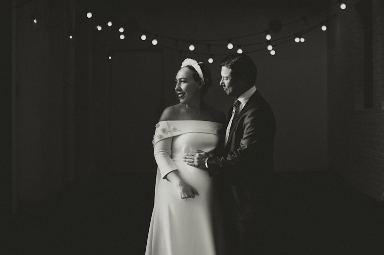 Bride and groom outside the Bistrotheque, East London Wedding