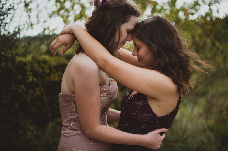 Two brides romantic shot, holding each other