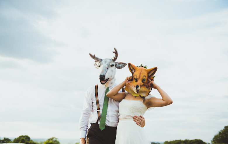 animal face masks - bride and groom - Wedding Photo Ideas