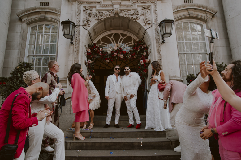 Pink Gay Wedding London - lgbtq wedding Chelsea - same sex marriage-confetti Chelsea Town Hall